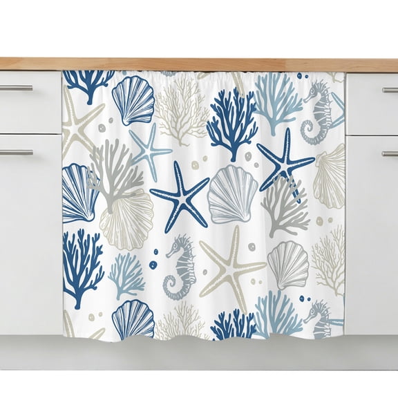 Cabinet Curtains 10"W x 11"L, Blue Beige Coastal Sink Skirt for Bathroom, Waterproof Short Kitchen Curtain, Summer Beach Starfish Coral Nautical Dishwasher Curtain Drape Panel for Home Decor