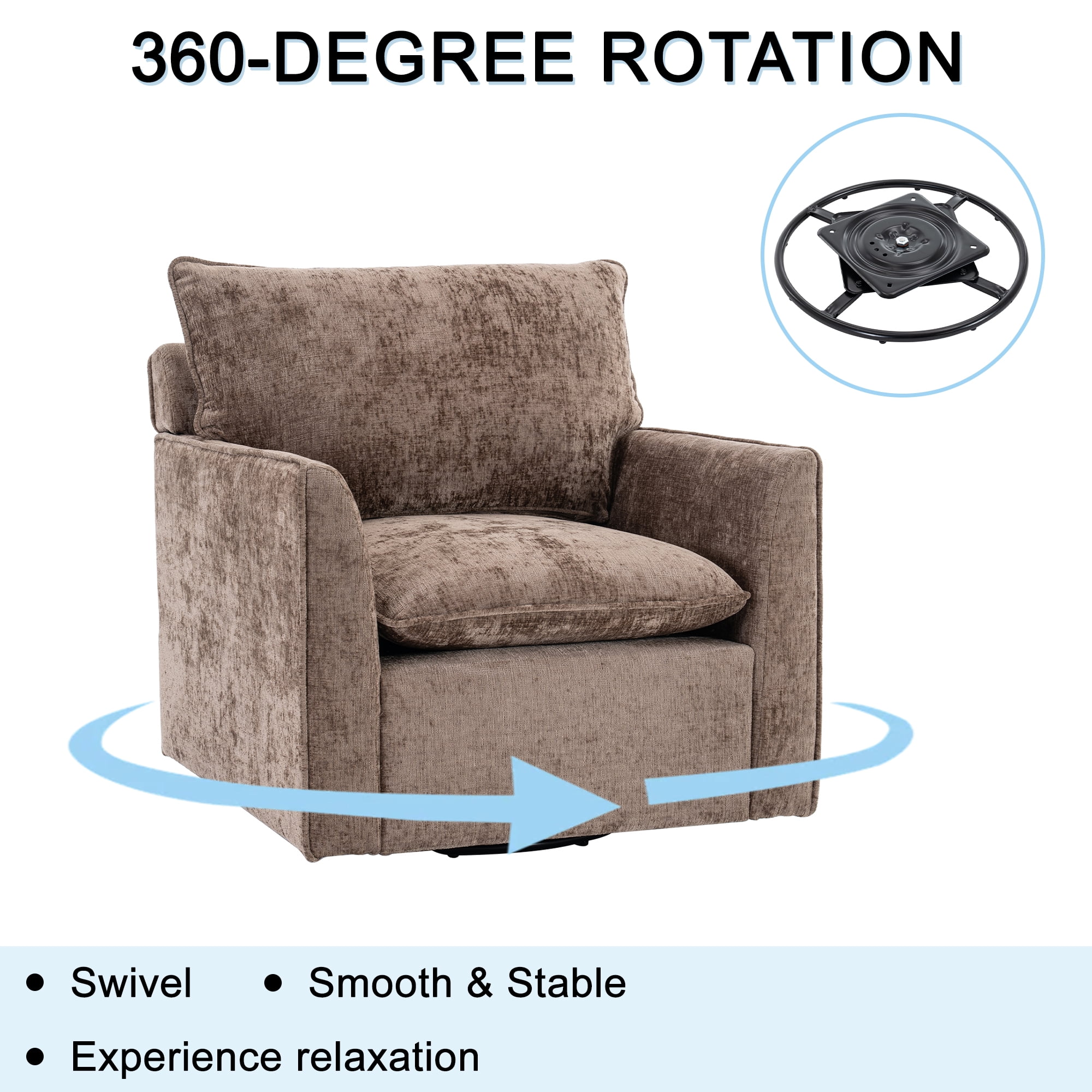 GARITIN 360° Swivel Accent Chair, Comfy Single Square Sofa Armchair, Upholstered Club Chair for Living Room Bedroom Reading Room, Chenille Fabric, Brown