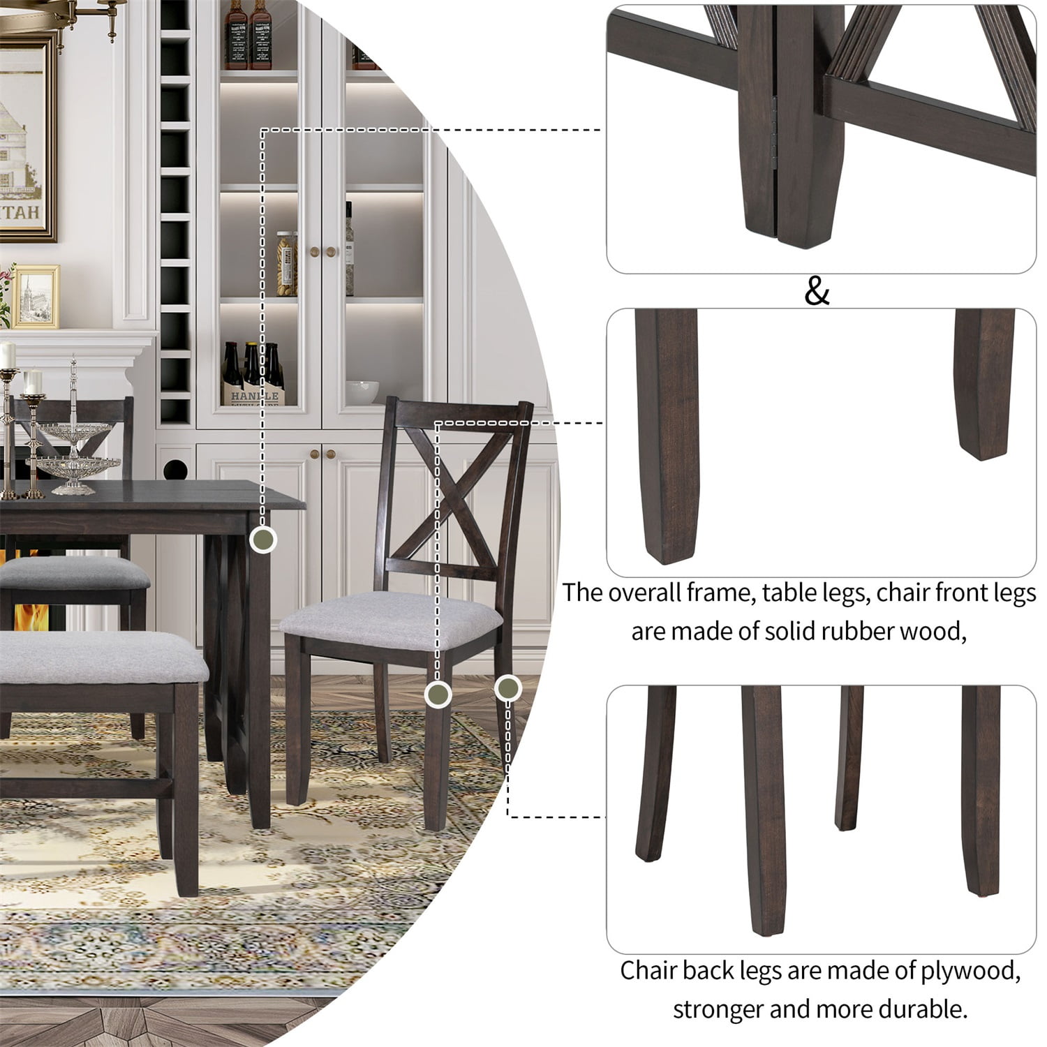 Kadyn Dining Table Set for 6, Living Room Table Set with Foldable Table and 4 Chairs with Bench, 6-piece Family Dining Room Set for Dining Room, Espresso Kadyn Dining Table Set for 6, Living Room Table Set with Foldable Table and 4 Chairs with Bench, 6-piece Family Dining Room Set for Dining Room, Espresso