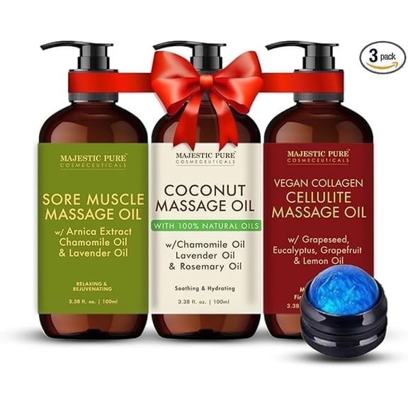 Majestic Pure Sore Muscle, Coconut, Cellulite Massage Oil | Set of 3 with Massage Roller