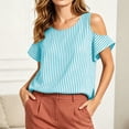 thumbnail image 6 of ClodeEU Women's Cold Shoulder Striped Blouse,Round Neck Short Sleeve T-Shirt for Summer Sky Blue,Women's Plus M, 6 of 8