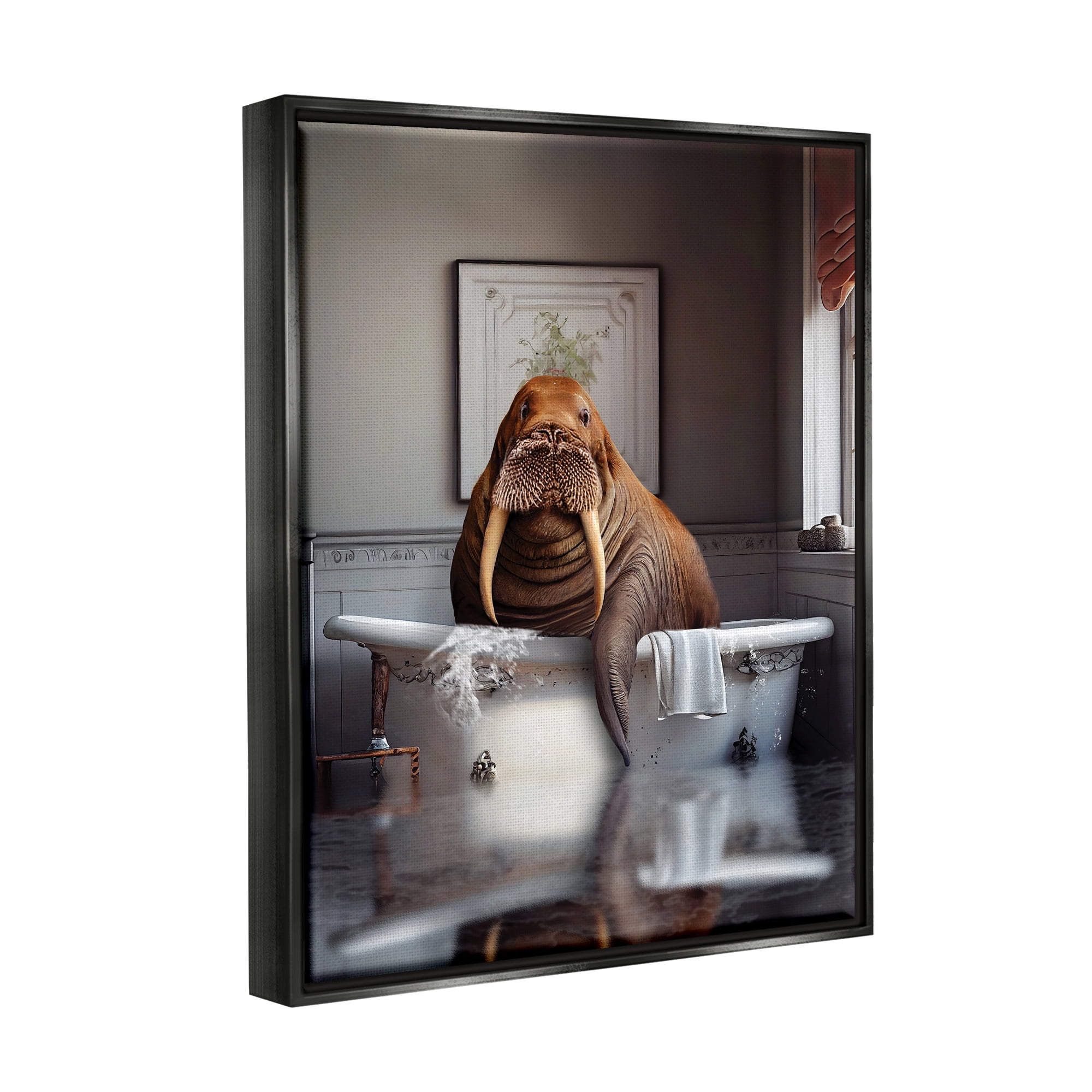 Stupell Industries Walrus in Bathtub Animals & Insects Painting Black Floater Framed Art Print Wall Art, 17 x 21