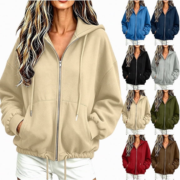 DJDLJWCJ Zip Up Hoodie Women Lightweight Hooded Sweatshirts Loose Fit Solid Color Long Sleeve Hooded Jacket Beige Size S