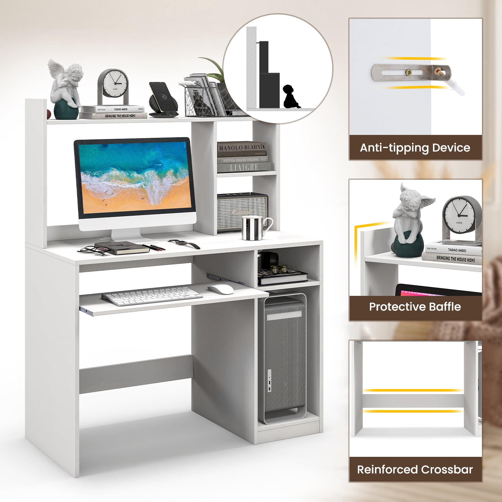 Topbuy Computer Desk w/ Charging Station 43.5” Gaming Table Workstation w/ Keyboard Tray CPU Stand & Storage Shelves White