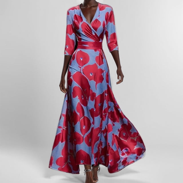 Delliss Vestidos elegantes de verano para mujer Vestidos hasta el tobillo para mujer Vestidos de moda con manga en el codo Vestidos largos con estampado de dama con manga Rosa fuerte M,Purple,XXXL