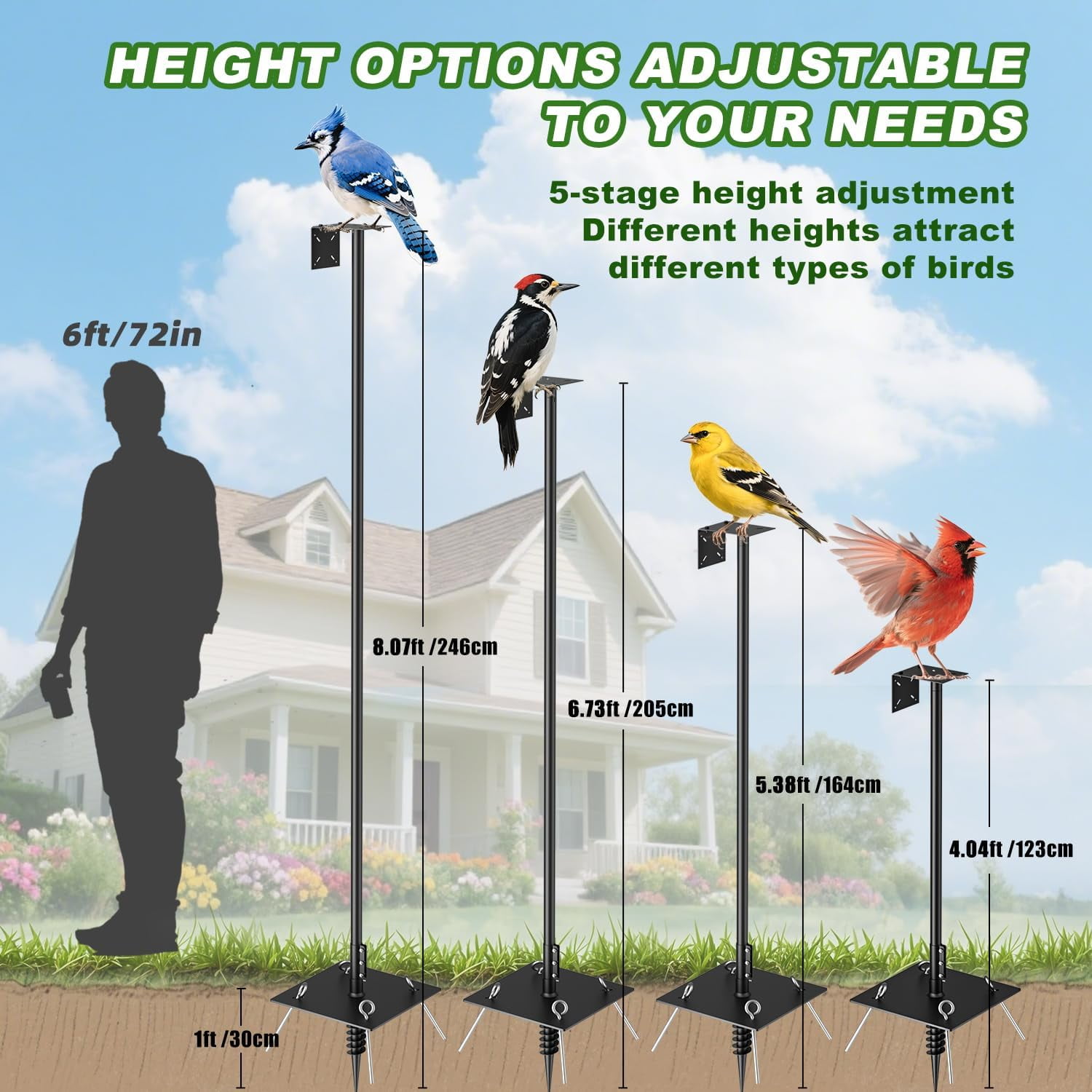 Upgraded Heavy Duty Bird Feeder Pole, 92 Inch Squirrel Proof Adjustable Bird Feeding Station,1 Inch Dia Bird House Pole, 4 Shepherd Hooks for Feeder Stand, Includes Water Bowl & Mesh Tray