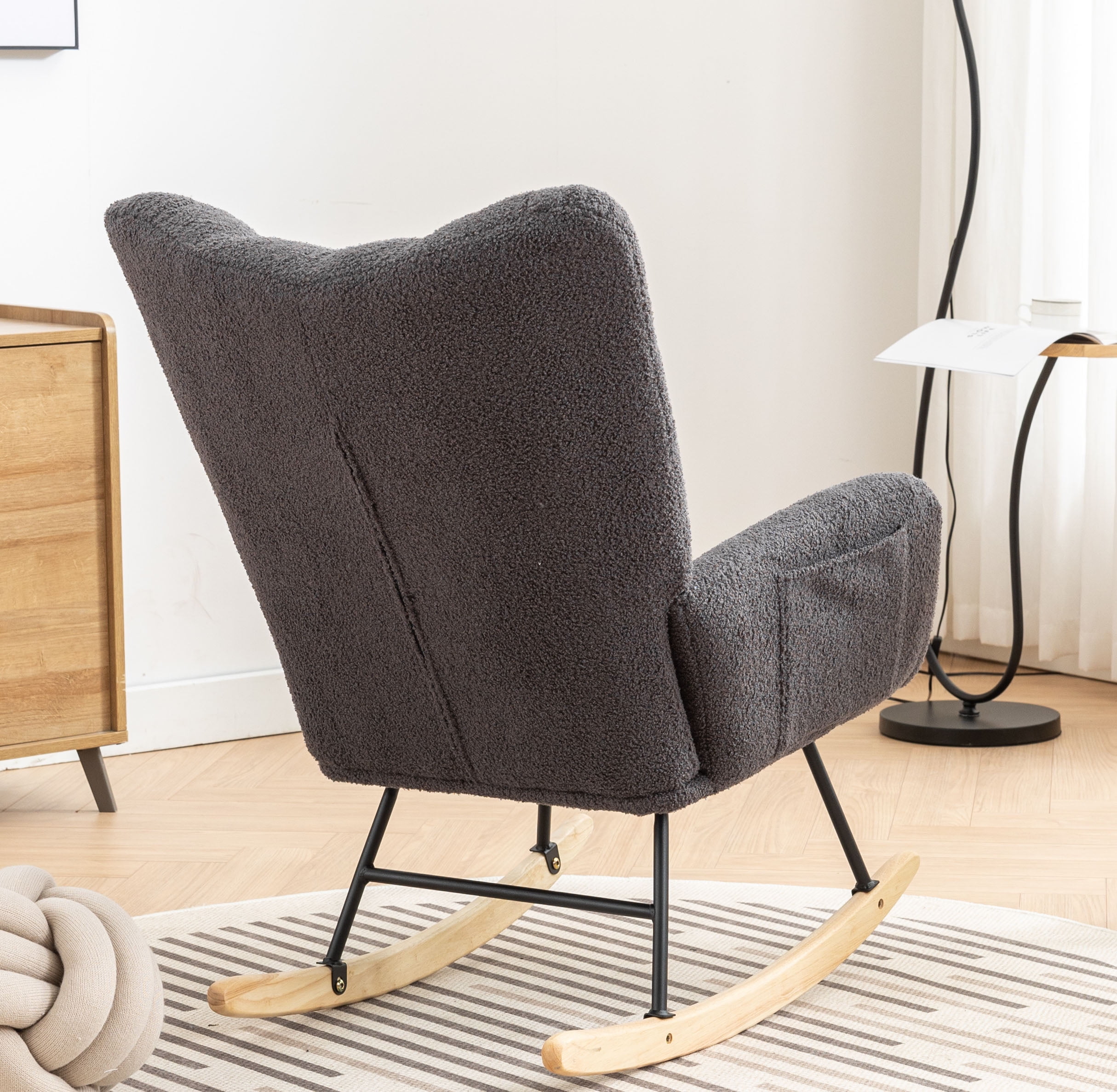 Rocking Chair Nursery,Teddy Upholstered Glider Rocker with High Backrest,Modern Rocking Accent Chairs Glider Recliner for Living Room, Nursery, Bedroom,Gray