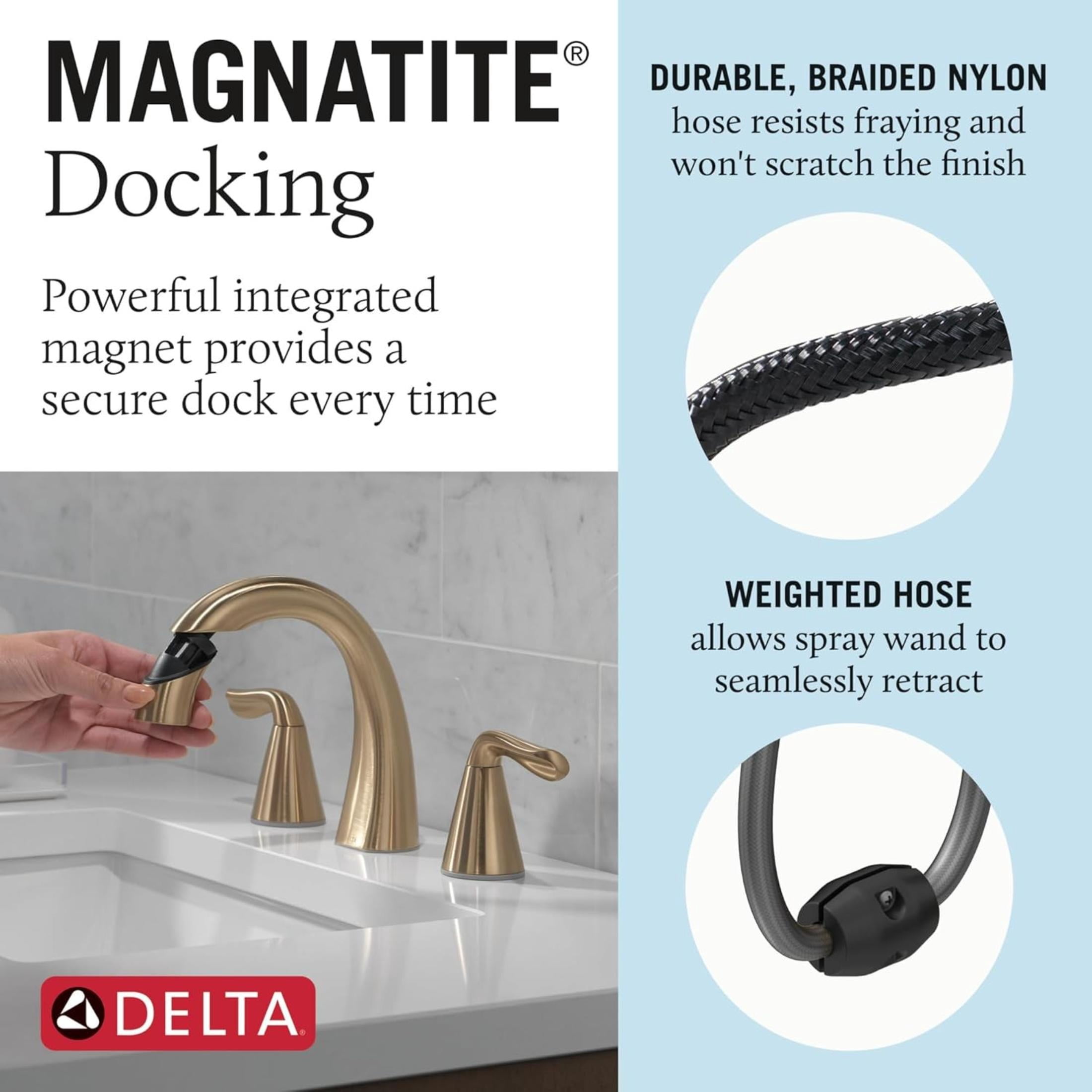 Delta Arvo Brushed Gold Bathroom Faucet with Sprayer, 8 Inch 3 Hole Widespread Bathroom Sink Faucet with Pull Out Sprayer, Push-Pop Drain, Champagne Bronze