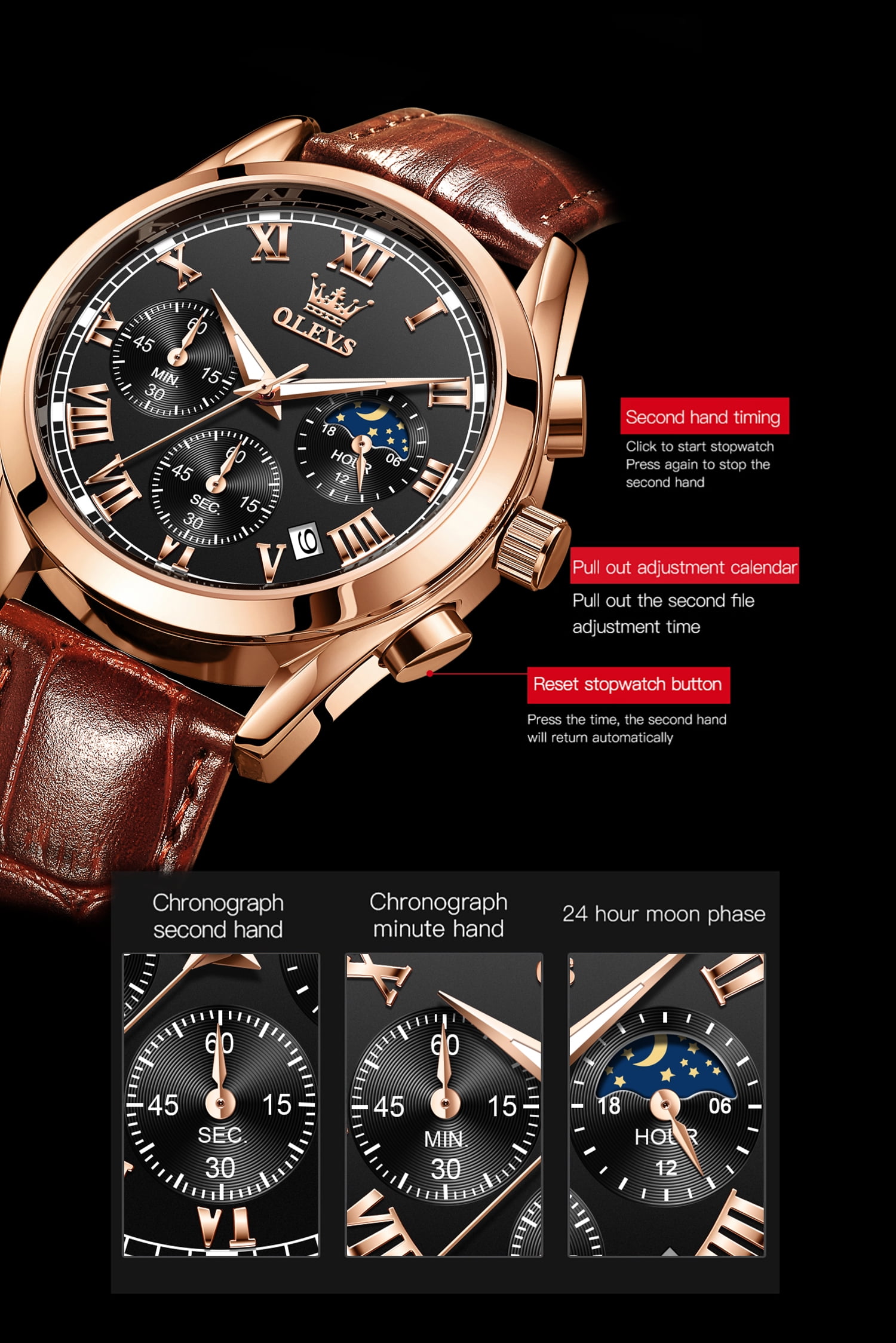 OLEVS Mens Watches Luxury Chronograph Moon Phase Waterproof Luminous Brown Leather Strap Date Rose Gold Classic Watch for Men