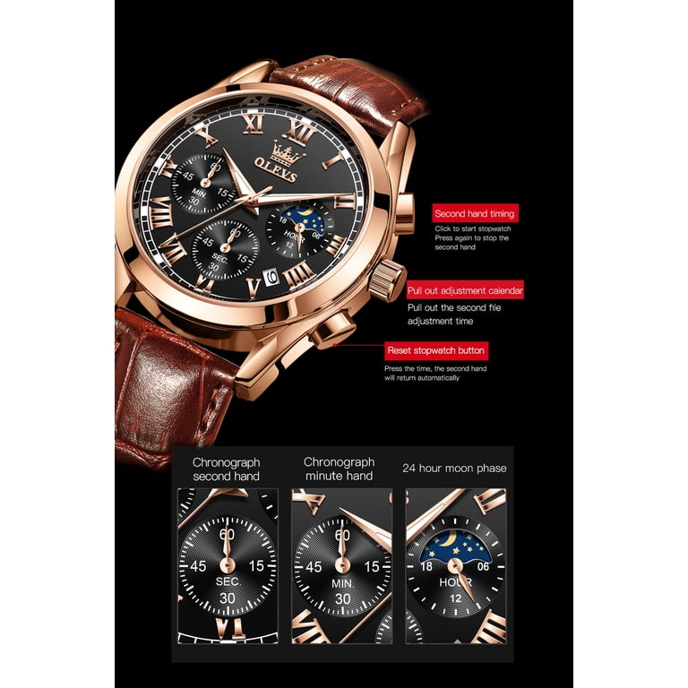 OLEVS Men's Chronograph Moon Phase Leather Strap Watch photo 6