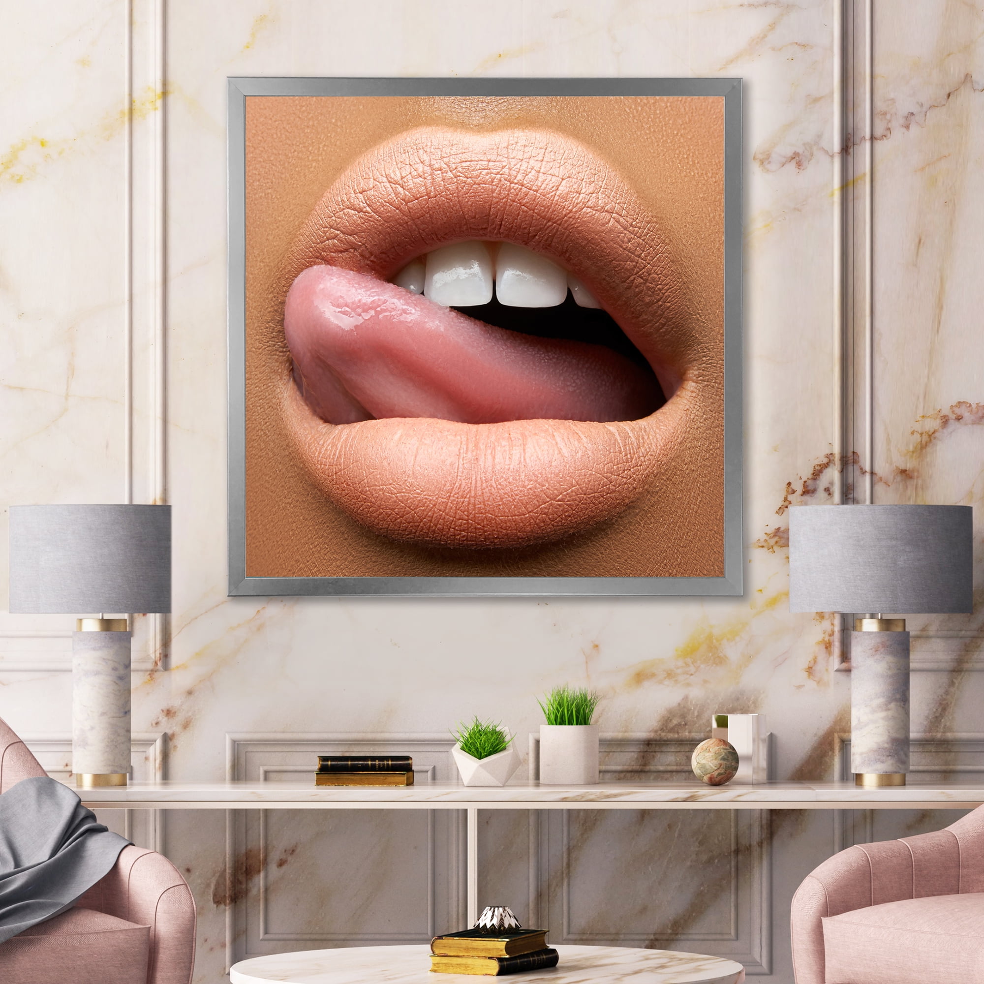 Designart 'Beautiful Dark Skinned Female Tongue Touching Lips' Modern Framed Art Print