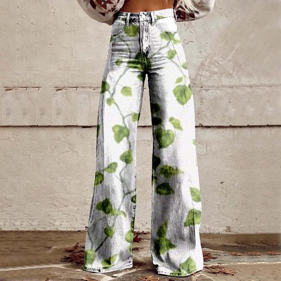 Women's Casual Pants Women'S Wide Leg Pant Vintage Floral Print High Waisted Straight Stretch Pants With Pockets,Green Women's Casual Pants XXXL