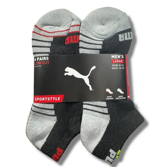 PUMA SOCKS MEN'S - LOW CUT - HALO 243 - GREY RED - LARGE (10-13) PACK 6 XX
