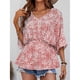 thumbnail image 3 of Mujeres verano Top V cuello impresiones sueltas medias mangas elástico cintura verano camisa Top rojo S, 3 of 8