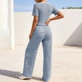 thumbnail image 4 of Pounoo Women's Loungewear Sets Ribbed Square Neck Stripe Short Sleeve Top And Wide Leg Pants Two Piece Outfits Daily Wear Soft Stretchy Comfortable Loungewear Gift, 4 of 6