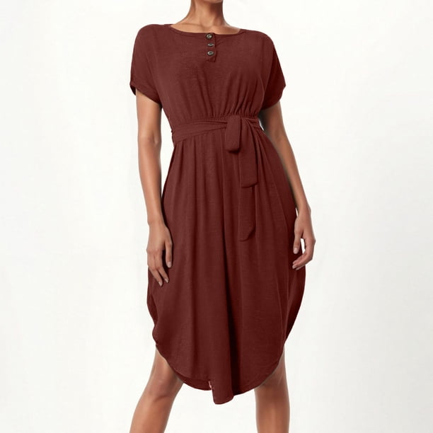 WILLBEST Vestidos Casuales Para Mujer 1 Vestido Casual Para Mujer, Holgado, Con Botones Y Cinturón, Para Uso Diario, Primavera, Verano Y Otoño, Básico, Color Liso, Midi