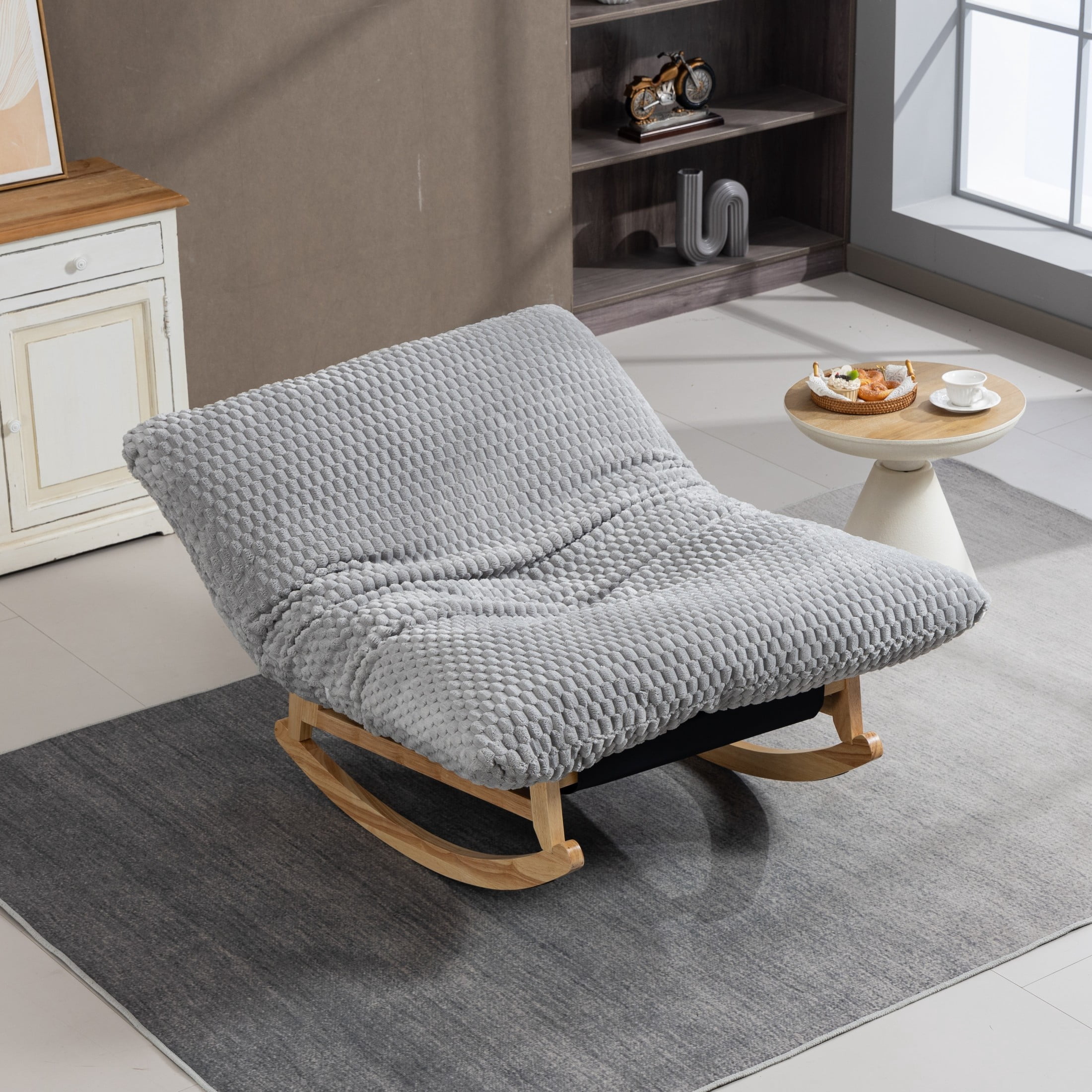 GDF Studio Alaric Corduroy Bean Bag Rocking Chair with Solid Wood Frame, Lazy Sofa for Living Room, Bedroom, Light Grey