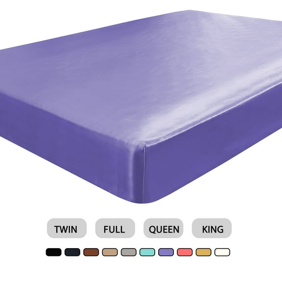 PiccoCasa Satin Silk Fitted Bed Sheet 12 Inch Deep Pocket Sheet, Twin Purple