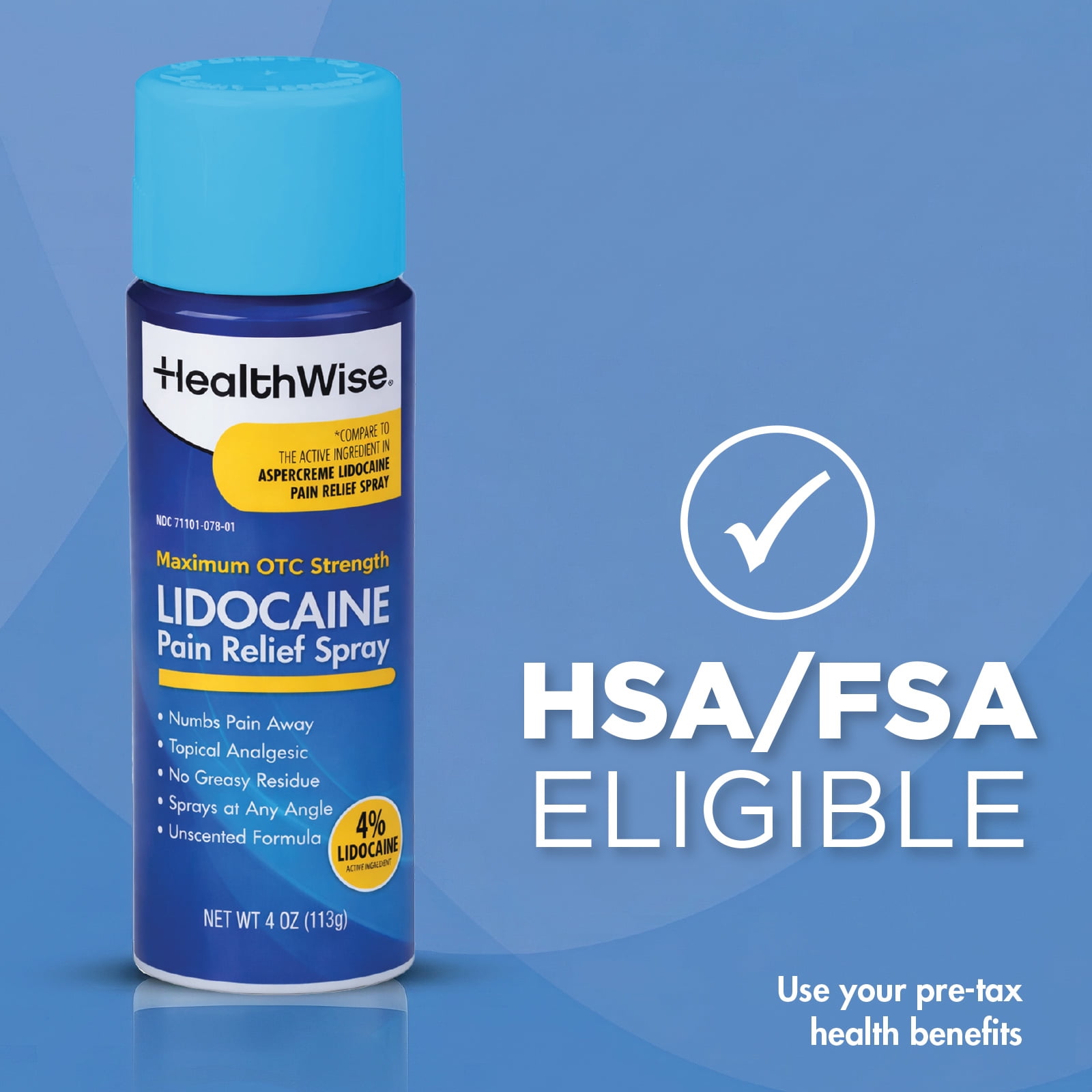 HealthWise 4 % Lidocaine Pain Relief Spray | OTC Strength | 4 oz. 133 mL | Non-Greasy, Unscented | Immediate Penetrating Action | Sprays at Any Angle