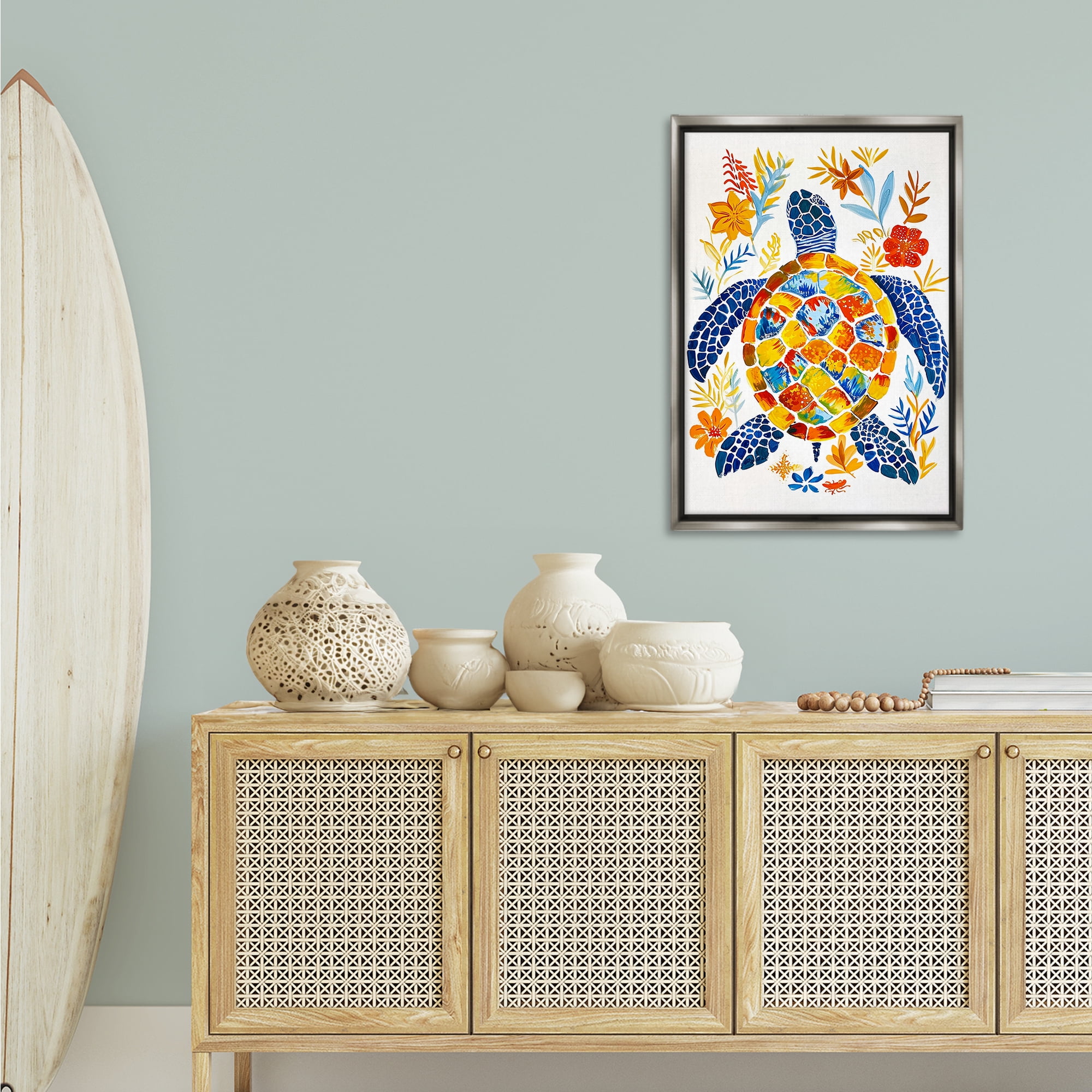 Stupell Industries Nautical Patterned Turtle Coastal Painting Gray Floater Framed Canvas Art Print Wall Art, 21 x 31