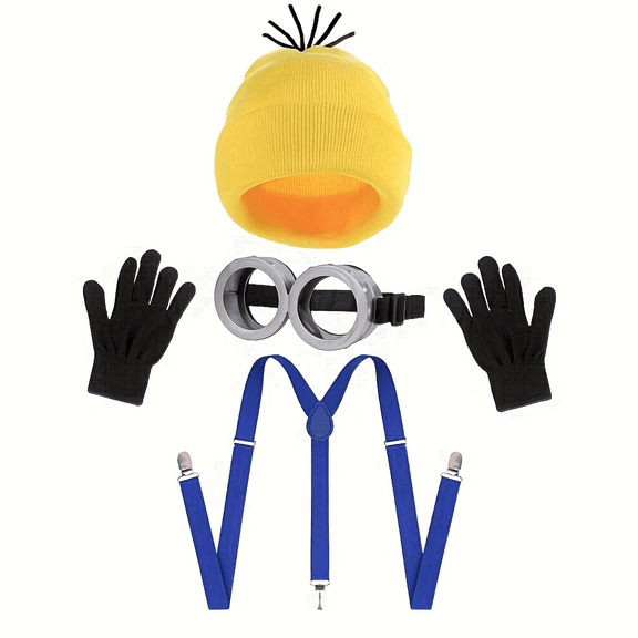 BUXULYP 4Pcs Halloween Costume for Adults Yellow Beanie Knit Hat Vintage Goggles Glasses Gloves Suspenders Halloween Cosplay