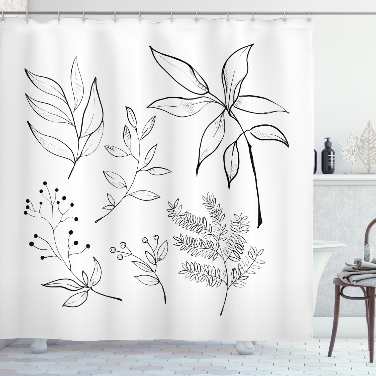 Botanical Shower Curtain, Handdrawn Sketched Botanical Theme Tropical
