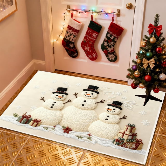 Christmas Holiday Embroidery Style Non-Slip Absorbent Kitchen Floor Mat, Washable Indoor Doormat for Entryway Bathroom Laundry Room Decor