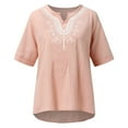 thumbnail image 5 of Dagegui Summer Tops for Women Casual Mexican Embroidered Blouses Cotton Linen Notch V Neck T Shirt Short Sleeve Gauze Shirts Pink S-2XL, 5 of 5