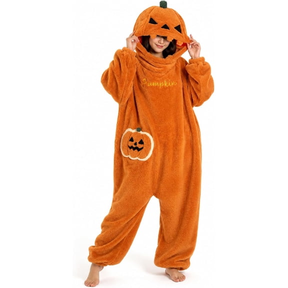 Pumpkin Onesie Adult Halloween Costume Oversized Fleece Hooded Pajamas Cozy One Piece Jumpsuit for Parties Lounging