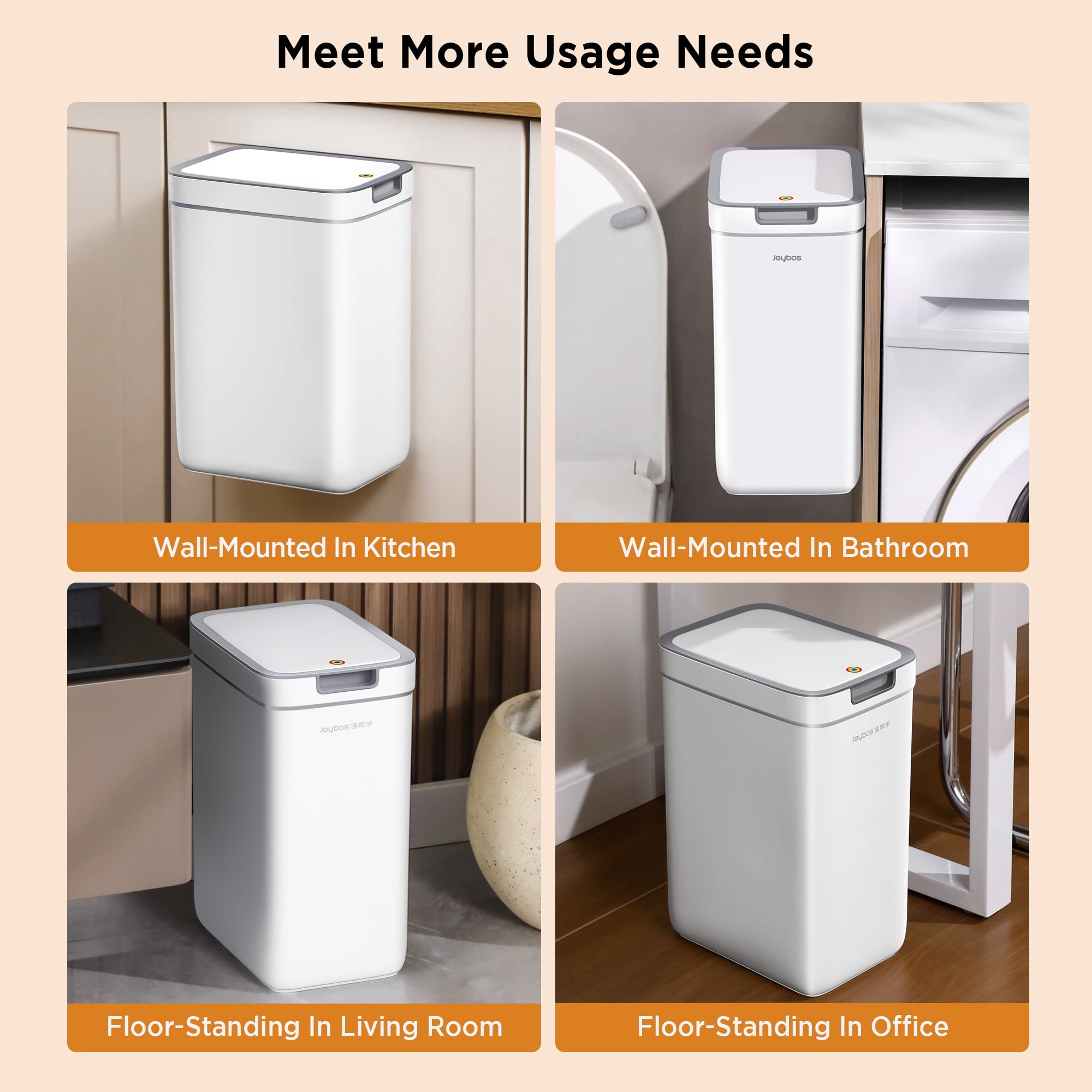 Joybos Bathroom Trash Can, 2 Pack (3.6 Gal and 2.4 Gal) Space Saver Wall-Hang Garage Can with Pop-up Lid for Household Use