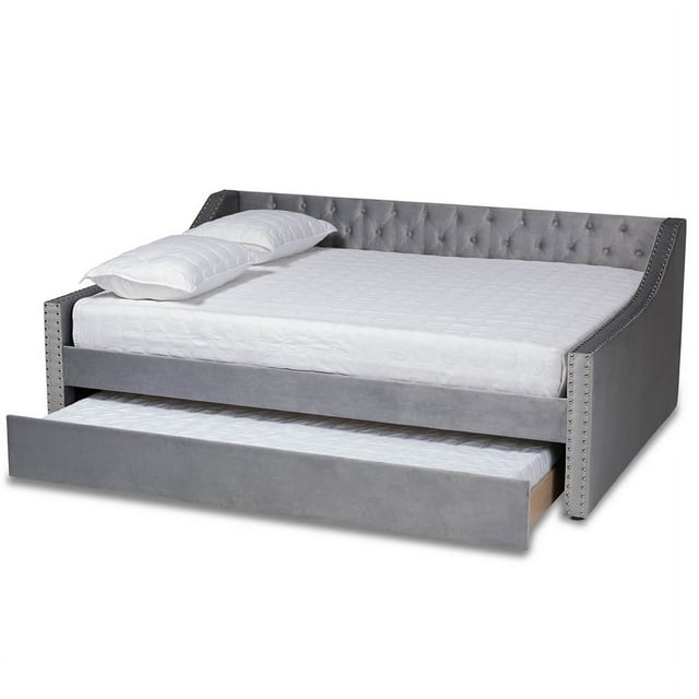 Baxton Studio Raphael Grey Velvet Upholstered Queen Size Daybed with Trundle