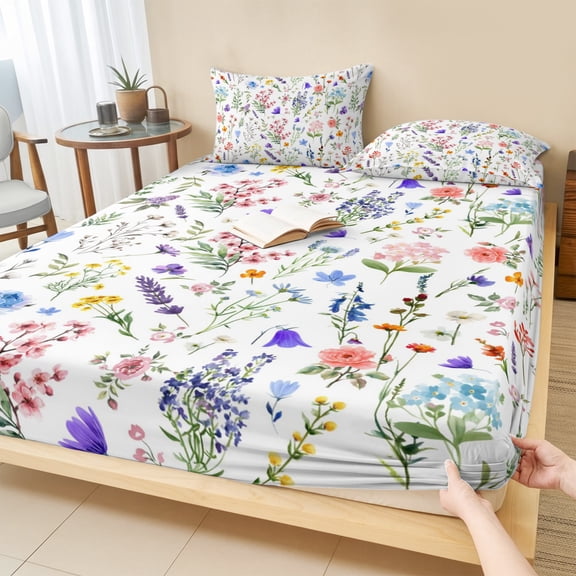 Cal.King Size Fitted Sheet Set - Botanical Flowers 3 Piece Bedding Sets 16" Deep Pocket Fitted Sheet with 2 Pillowcases, Watercolor Floral Plants Country Brushed Microfiber Hotel Luxury Bed Sheets
