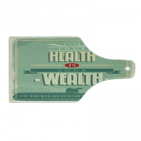Fitness Cutting Board, Your Health is Your Wealth Vintage Poster Design Inspirational, Decorative Tempered Glass Cutting and Serving Board, Wine Bottle Shape, Pale Orange Pale Green, by Ambesonne
