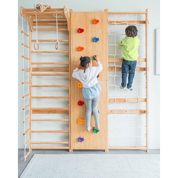 Avenlur Walnut 9-in-1 Swedish Ladder Wall Gym Set - 94.5 Inches - Trapeze Swing, Rope Ladder, Rock Wall, Rope Wall, Rock Ramp Climber, Slide, Pull-up Bar, Ladder and Swing