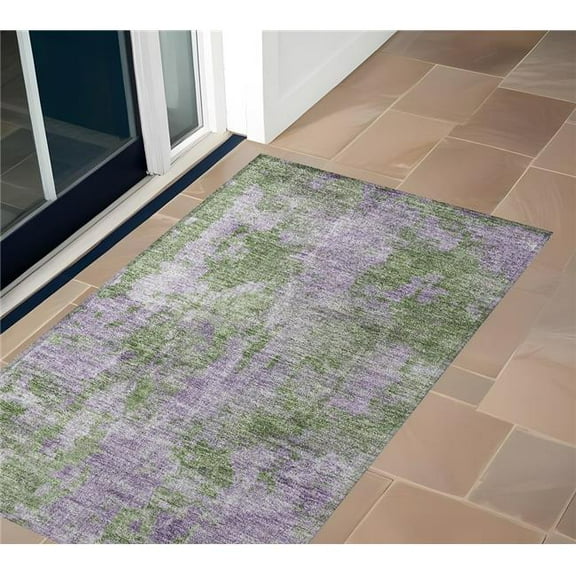 HomeRoots 564269 2 x 3 ft. Green & Purple Abstract Washable Non Skid Indoor Outdoor Rectangle Machine Woven Area Rug