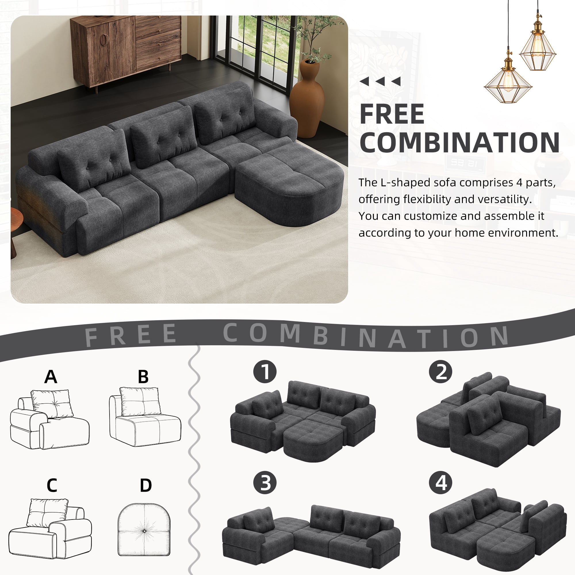 Modular Sectional Sofa with Chaise and Full-Foam Structure, 112-Inch Oversized Couch with Woven Texture Upholstery for Living Room, Dark Grey