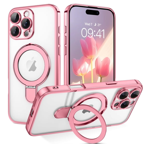 Funda GUAGUA para iPhone 16 Pro Max de 6.9 pulgadas con soporte magnético de color rosa transparente