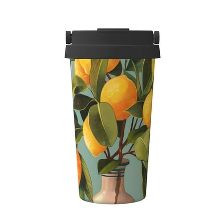 

Tebeau Retro Warm Lemon Flower Print Travel Coffee Mug Insulated Coffee Cup with Leakproof Lid Coffee Tumbler Reusable Coffee Cups with Seal Lid