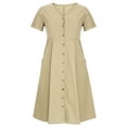 thumbnail image 4 of BUIgtTklOP Dresses for Women Clearance,Women Summer Casual V-Neck Solid Short Sleeve Button Pocket Cotton Linen Dress, 4 of 6