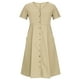 thumbnail image 4 of Moda mujer verano Casual cuello en V sólido manga corta botón bolsillo algodón vestido de lino Fridja  bnh4254, 4 of 8