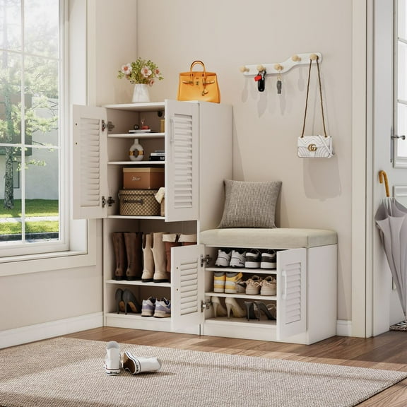 MIDOQIN Shoe Cabinet with Bench, Wooden Narrow Shoe Rack Cabinet with Adjustable Shelf & Cushion Freestanding Shoe Rack Stoage Organizer for Entryway