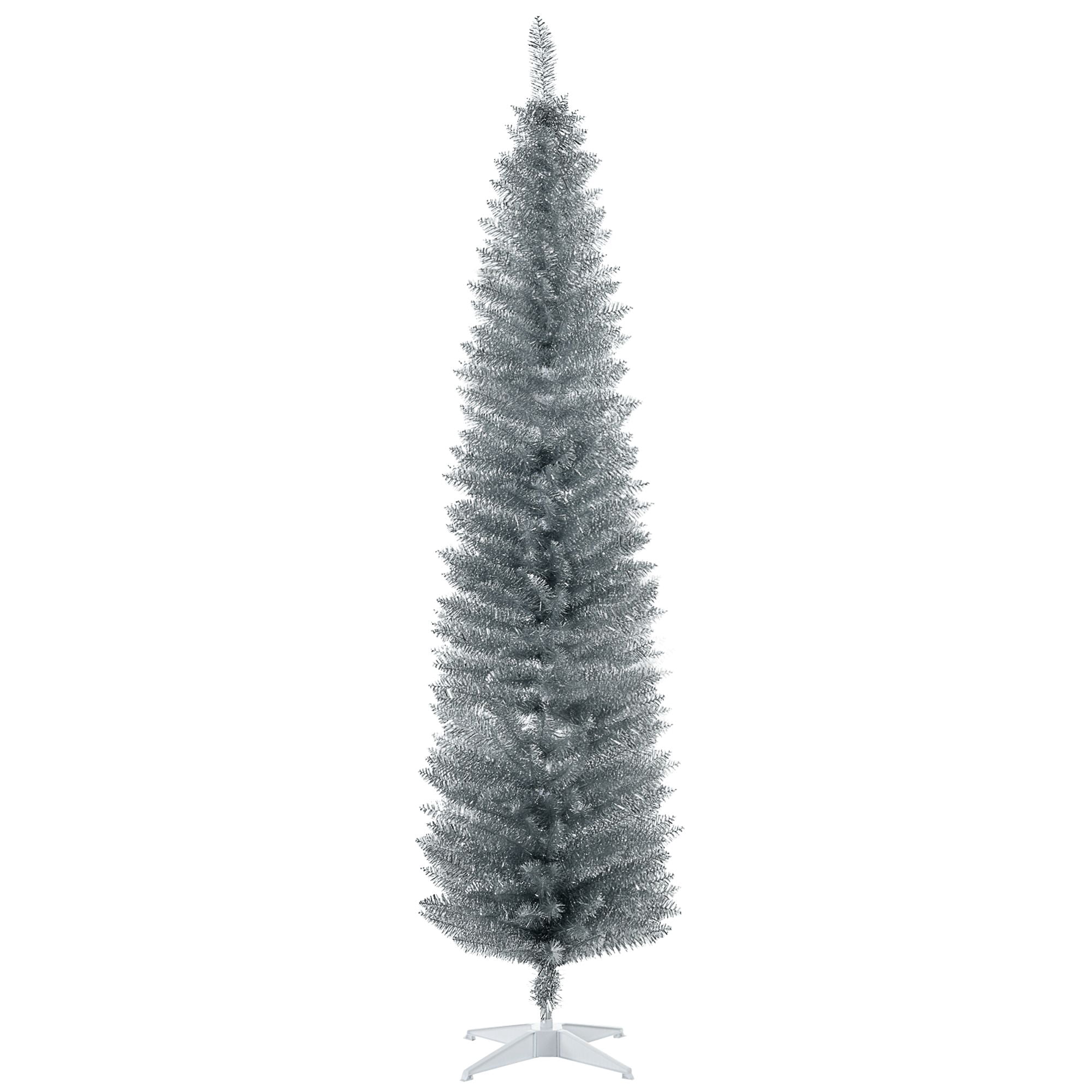 7 ft Pencil Christmas Tree with 499 Branch Tips and Plastic Stand, Slim Unlit Artificial Holiday Tree for Small Rooms and Apartments
