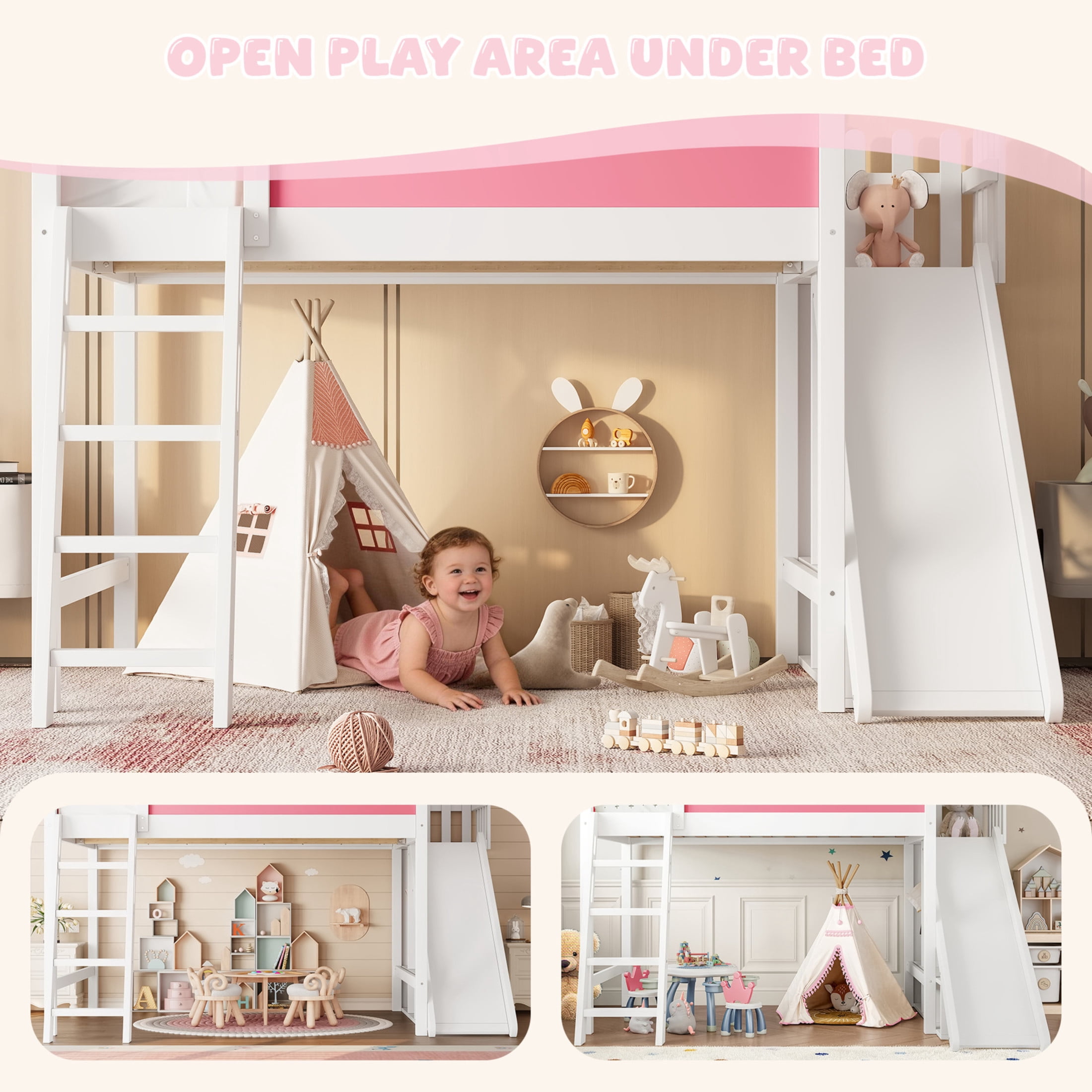 Noble House Full Loft Bed with Storage Shelves, Detachable Slide and Ladder, White + Pink