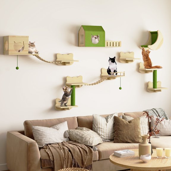 Uforic Cat Wall Shelves and Perches, Wooden Wall-Mounted Cat Furniture Set of 16 with 3 Cat House, 7 Shelves, 2 Sisal Posts & Hanging Balls for Indoor, Green & Wood