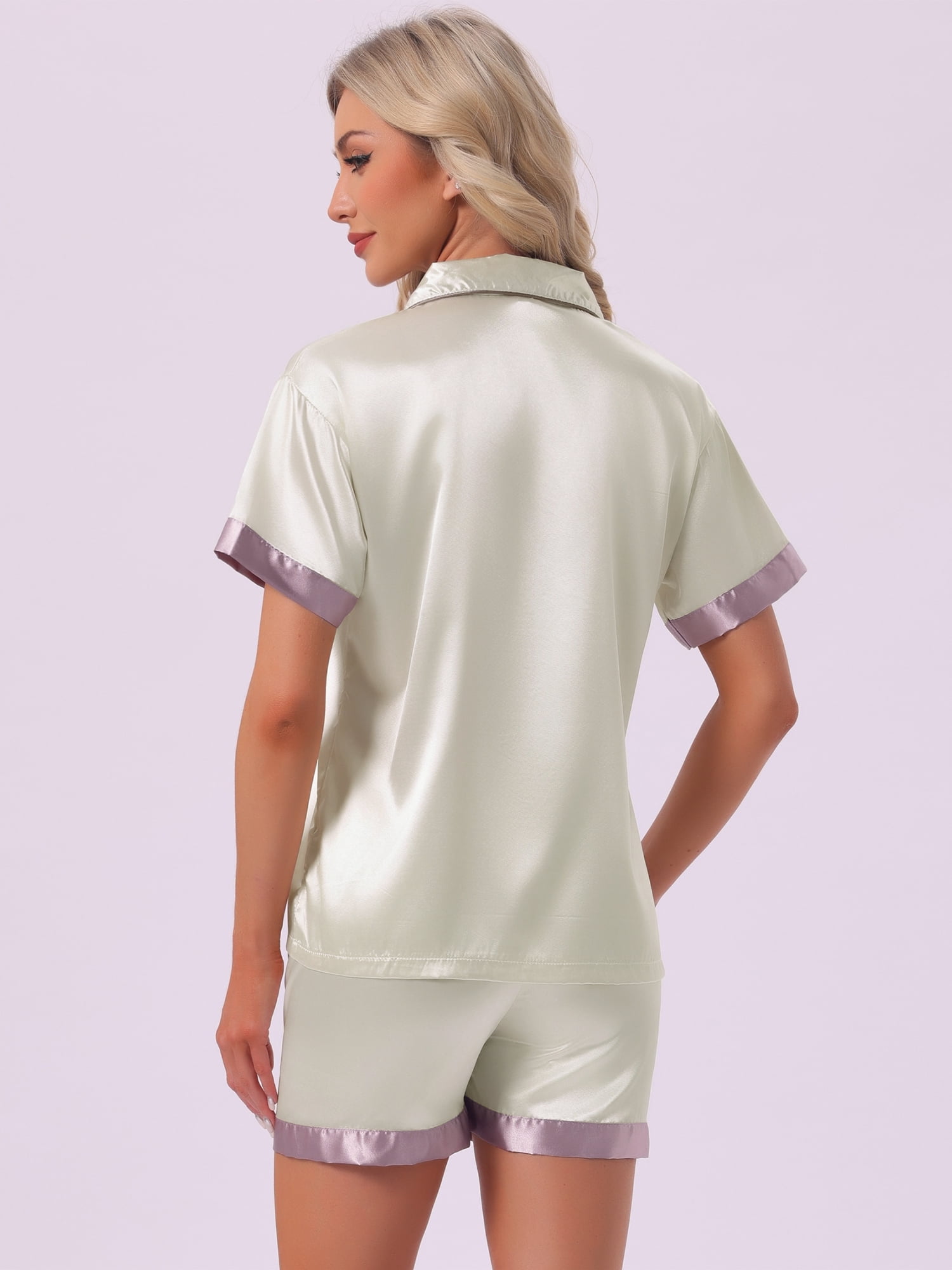 DARING DIVA Women's Satin Pajamas Sleepwear Button Down Contrast Color Tops L White