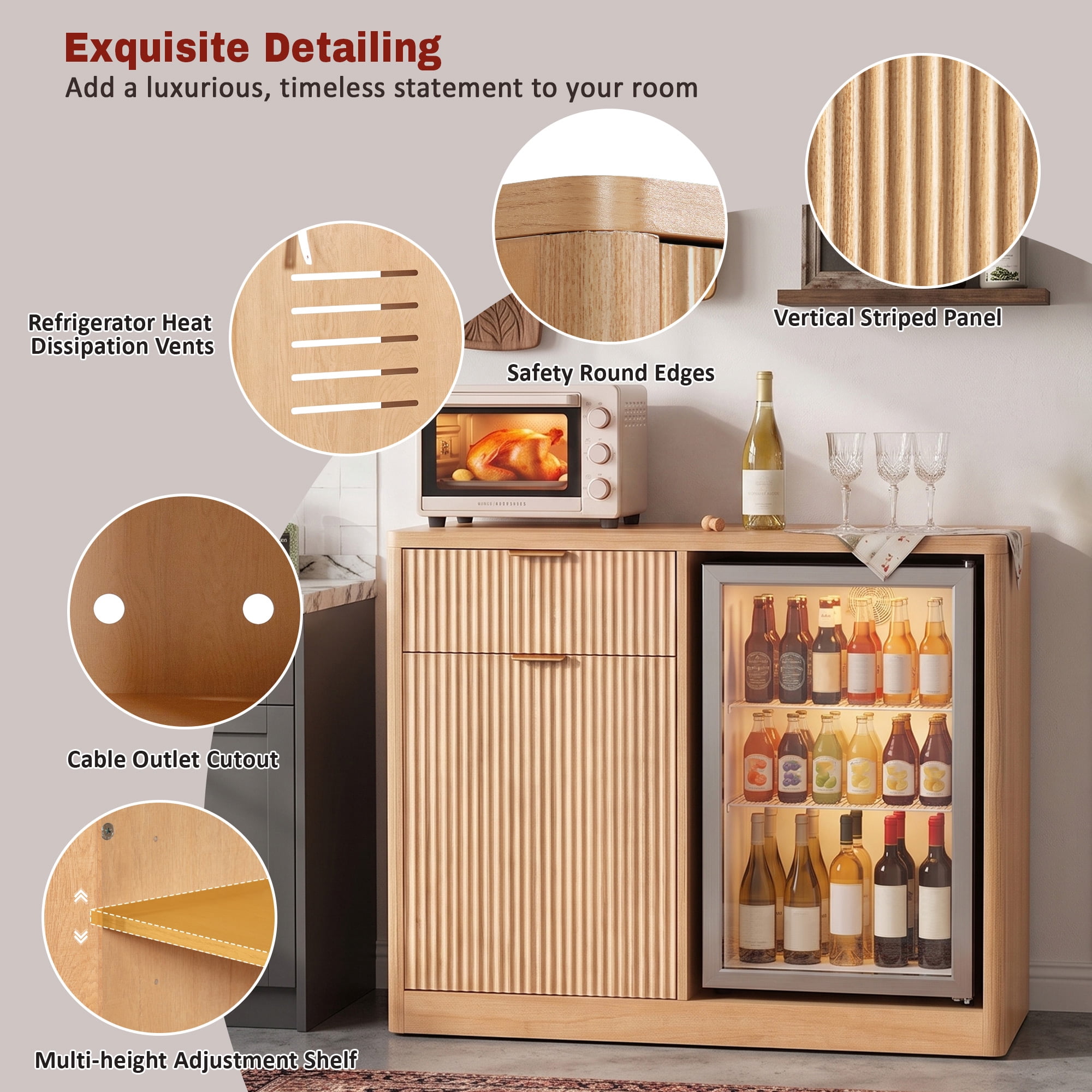 Mintazer 39" Modern Fluted Coffee Bar Cabinet with Fridge Space & Charging Station, Sideboard Beverage Station with Wine Glass Rack & Adjustable Shelves for Dining Room Living Room Apartment, Natural
