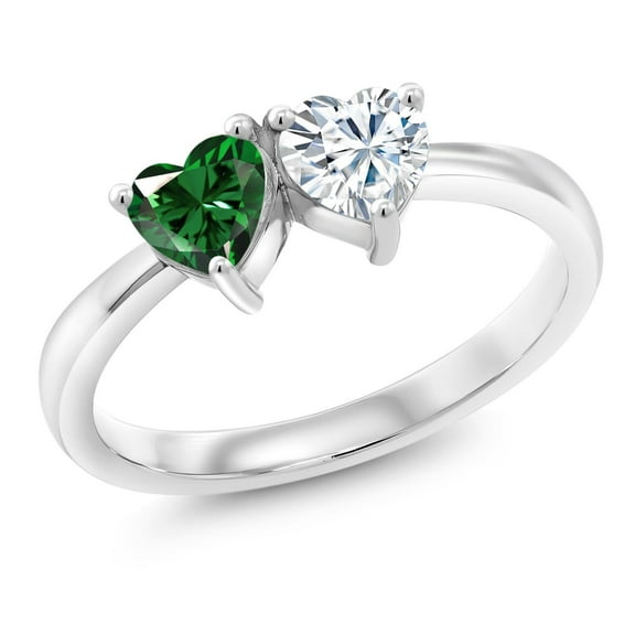Gem Stone King 925 Sterling Silver Fashion Right-Hand Ring Heart Shape Green Nano Emerald and Moissanite (0.92 Cttw, Size 6)