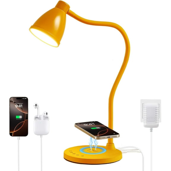 BOHON LED Desk Lamp with USB C A Charging Ports Wireless Charger, 5 Colors Stepless Dimming Touch Reading Light, Flexible Gooseneck Lamp for Home Office Bedside Table College Dorm Room, Bright Yellow