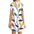 thumbnail image 4 of Jusqu'à 65 % de Réduction sur les Robes d'Été à Manches Courtes Col Rond Iumwxz pour Femme Robe Tendance Ligne A Décontractée Plissée Imprimé Feuilles Robes d'Été pour Femmes Robe Habillée pour Costume, 4 of 7