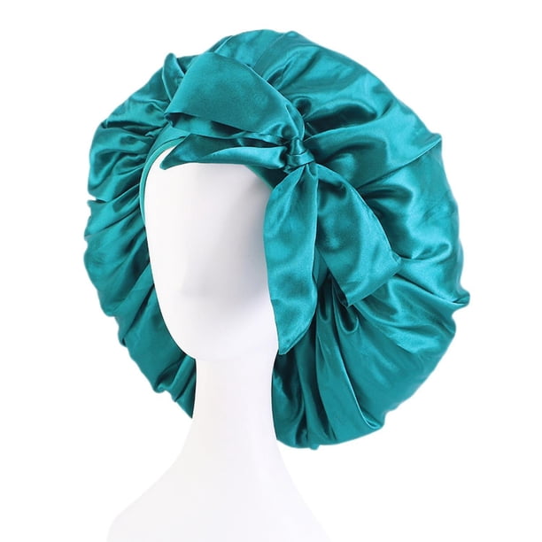 Juego de 3 gorros de satén para dormir, gorro de pelo para mujer, gorro de banda ancha elástica con gorro de noche de seda ajustable, gorro para la caída del cabello para salón de belleza, Spa, verde Feliz Sencillez